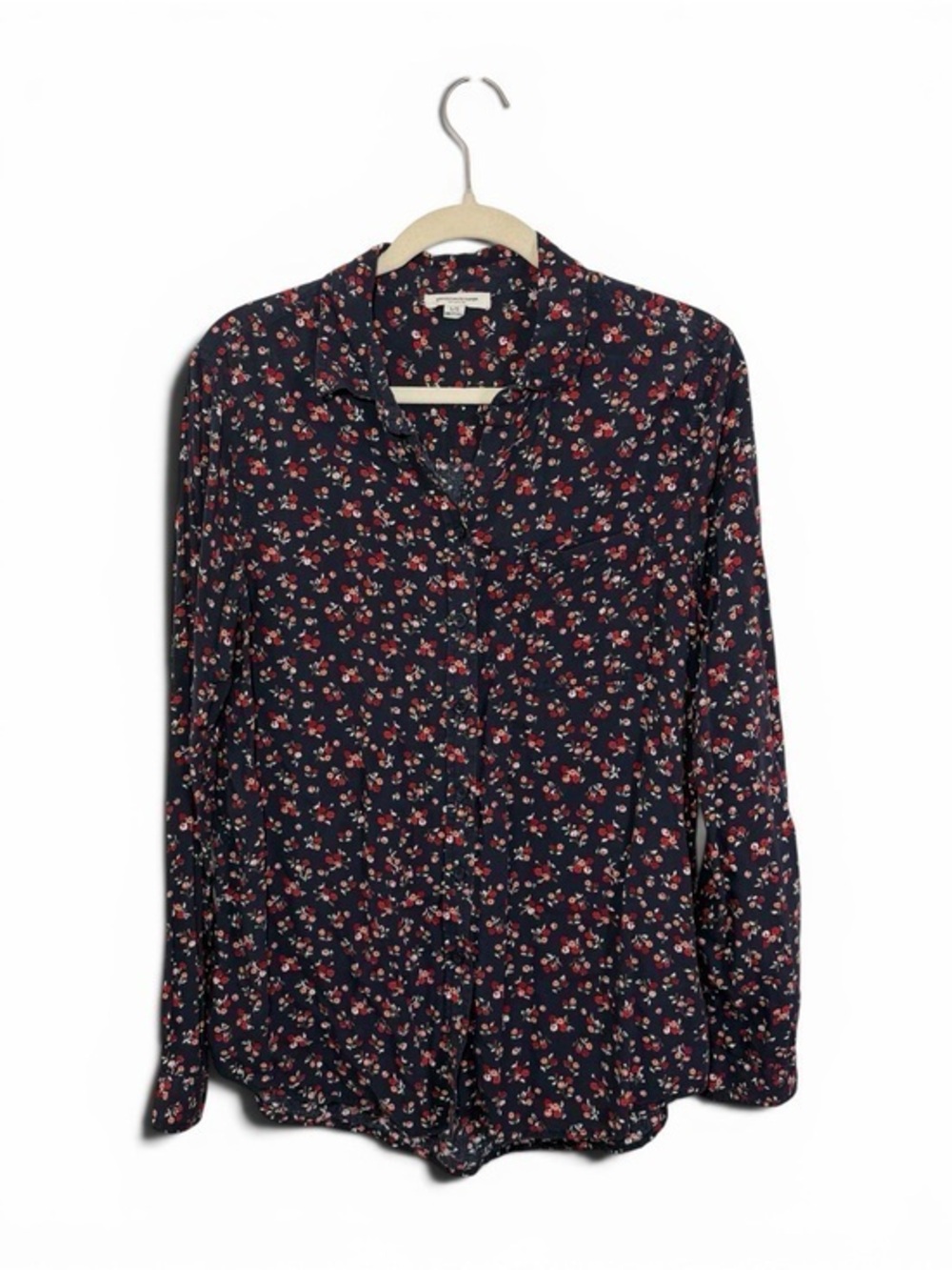 beachlunchlounge Viscose Navy Button-Down Blouse Red Floral Print Pocket Collar